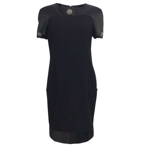 Chanel Black Textured Wool with Silk Trim Dress